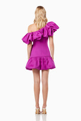 Model wearing ABBA MINI DRESS in Purple Back Shot