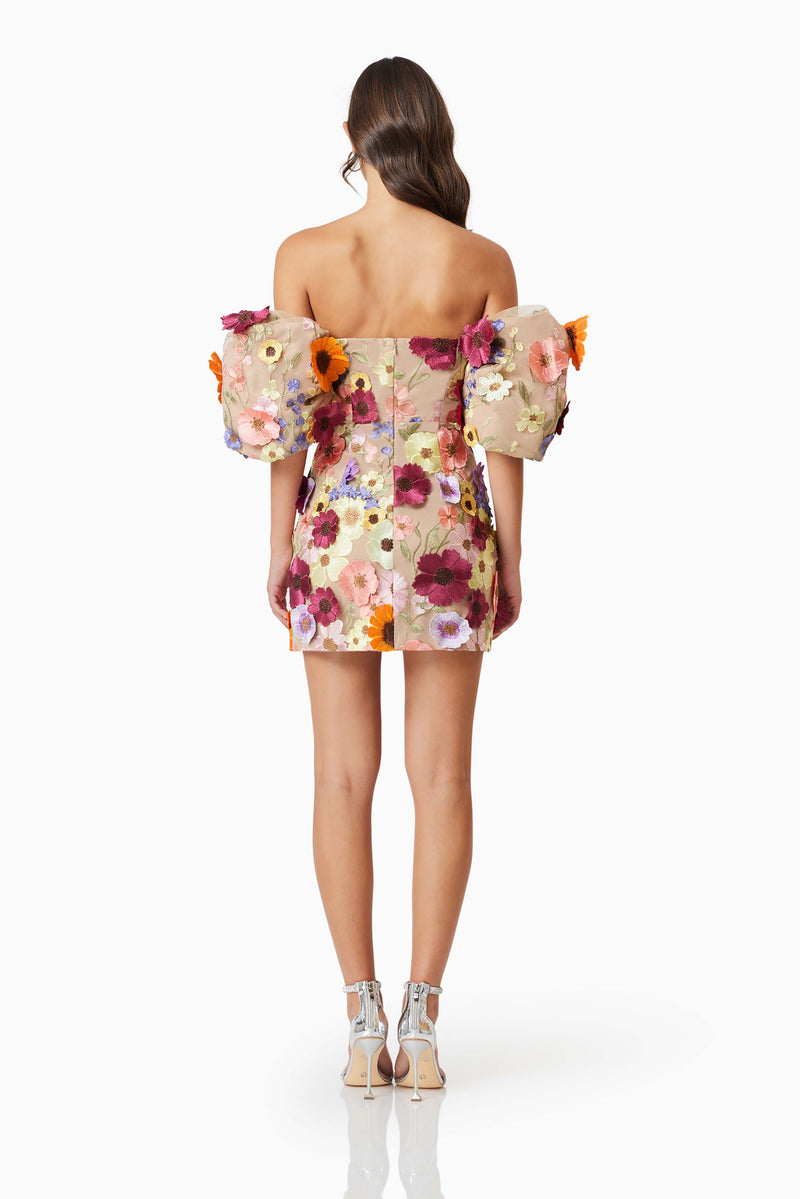 Brunette model wearing the Perry Embellished Mini Dress in Multi  back