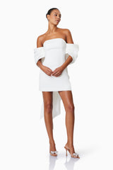 model wearing CALYPSO BOW DETAIL MINI DRESS IN WHITE front shot