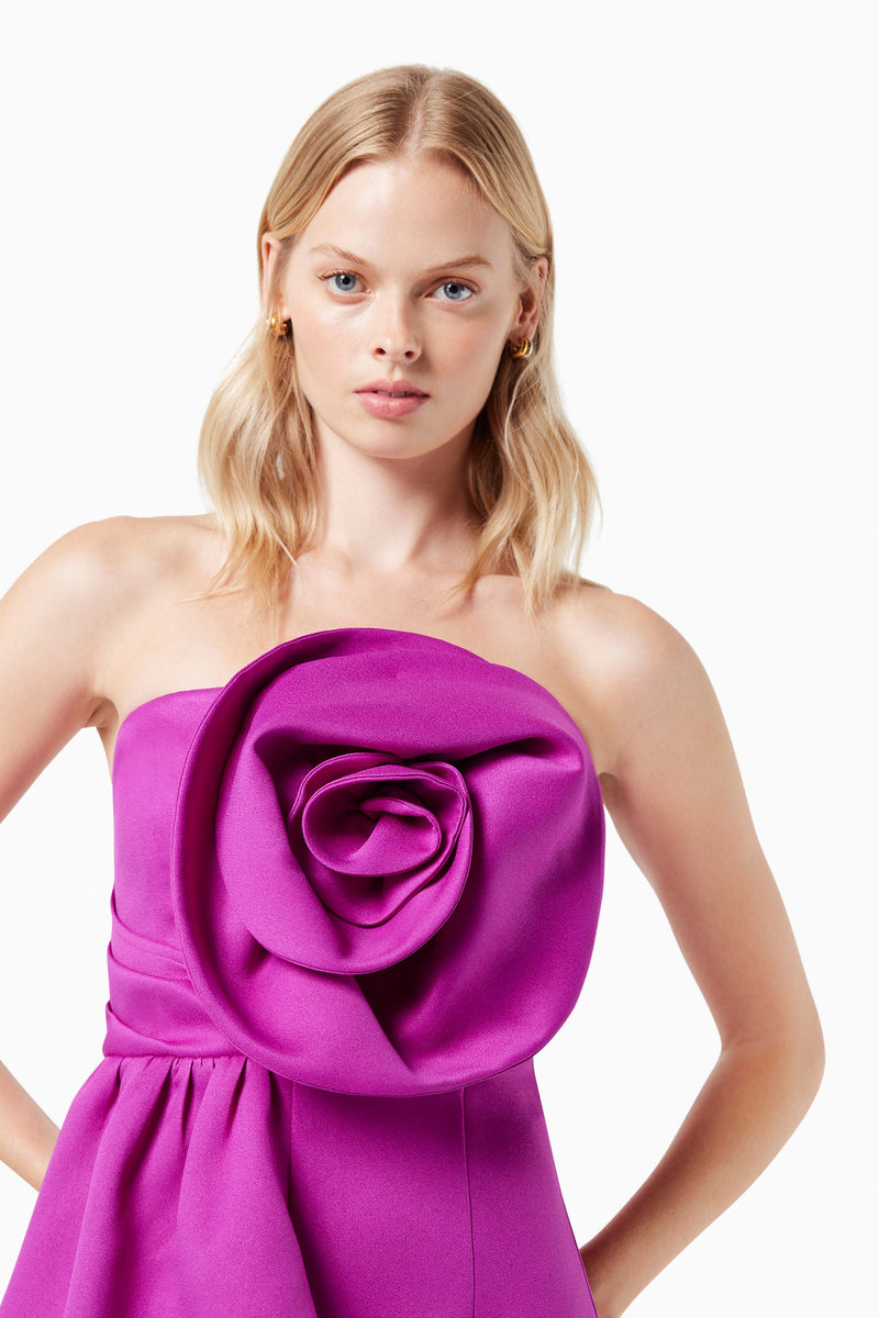 Model wearing BOWIE 3D ROSETTE MIDI DRESS IN PURPLE close up front shot