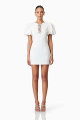 model wearing Delia Diamante Mini Dress In White front shot