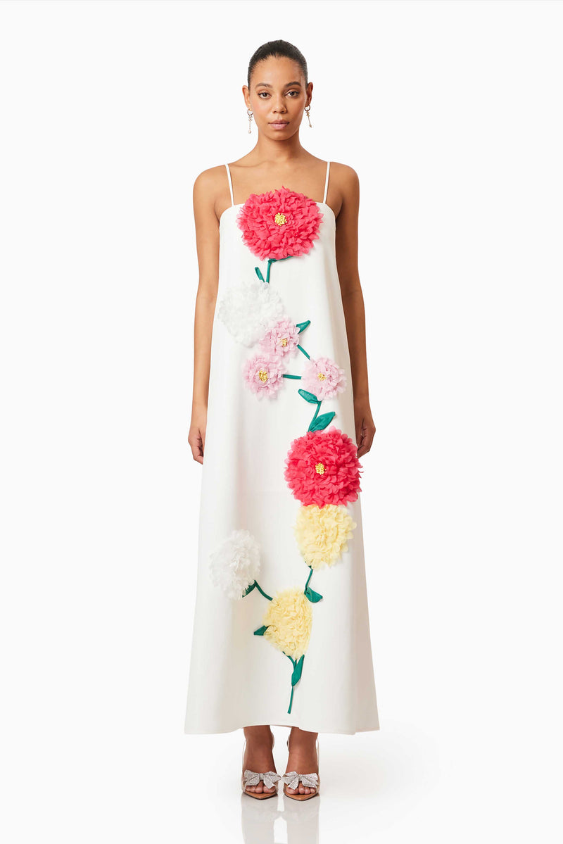 Brunette model wearing Buttercup Embroidered Maxi Dress in White front shot