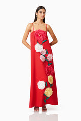 Brunette model wearing Buttercup Embroidered Maxi Dress In Red posed shot