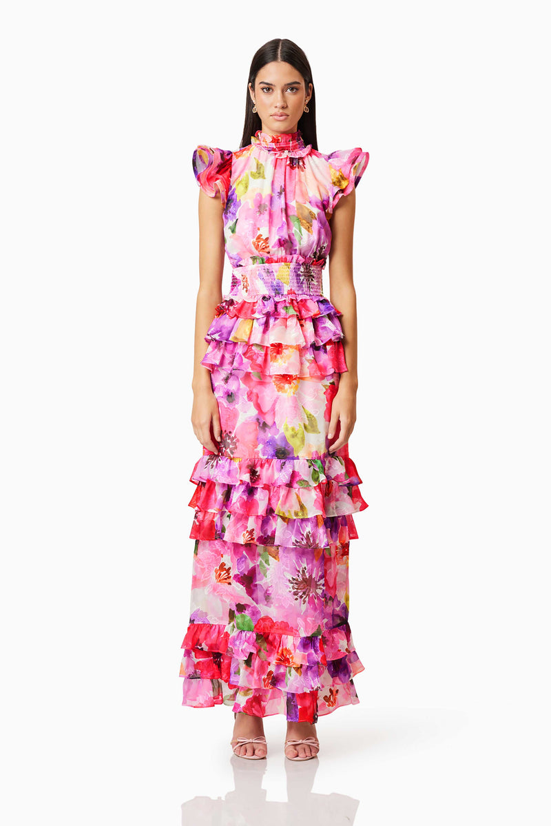 Brunette model wearing Darra Ruffled Maxi Dress In Floral front shot