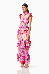 Brunette model wearing Darra Ruffled Maxi Dress In Floral side shot