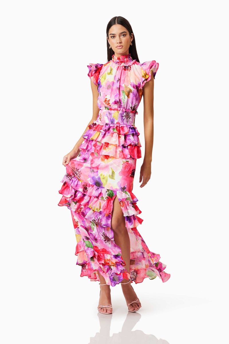 Brunette model wearing Darra Ruffled Maxi Dress In Floral posed shot