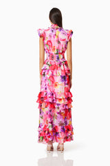 Brunette model wearing Darra Ruffled Maxi Dress In Floral back shot