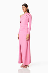 Brunette model wearing Jamie One Shoulder Gown In Pink side shot