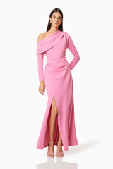 Brunette model wearing Jamie One Shoulder Gown In Pink posed shot