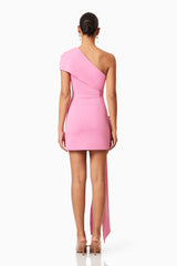 Brunette model wearing Jamie One Shoulder Mini Bow Dress In Pink back shot