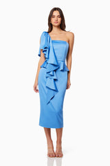 Laughter One Shoulder Midi Dress in Blue