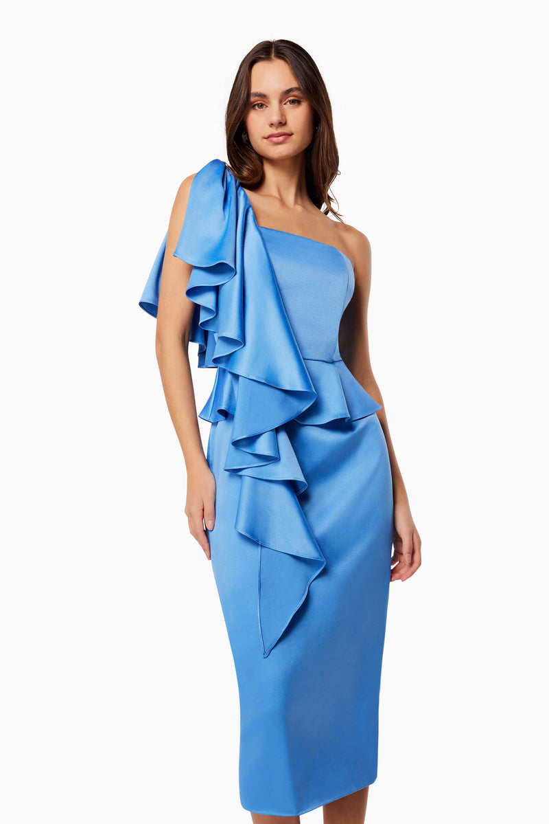 Laughter One Shoulder Midi Dress in Blue