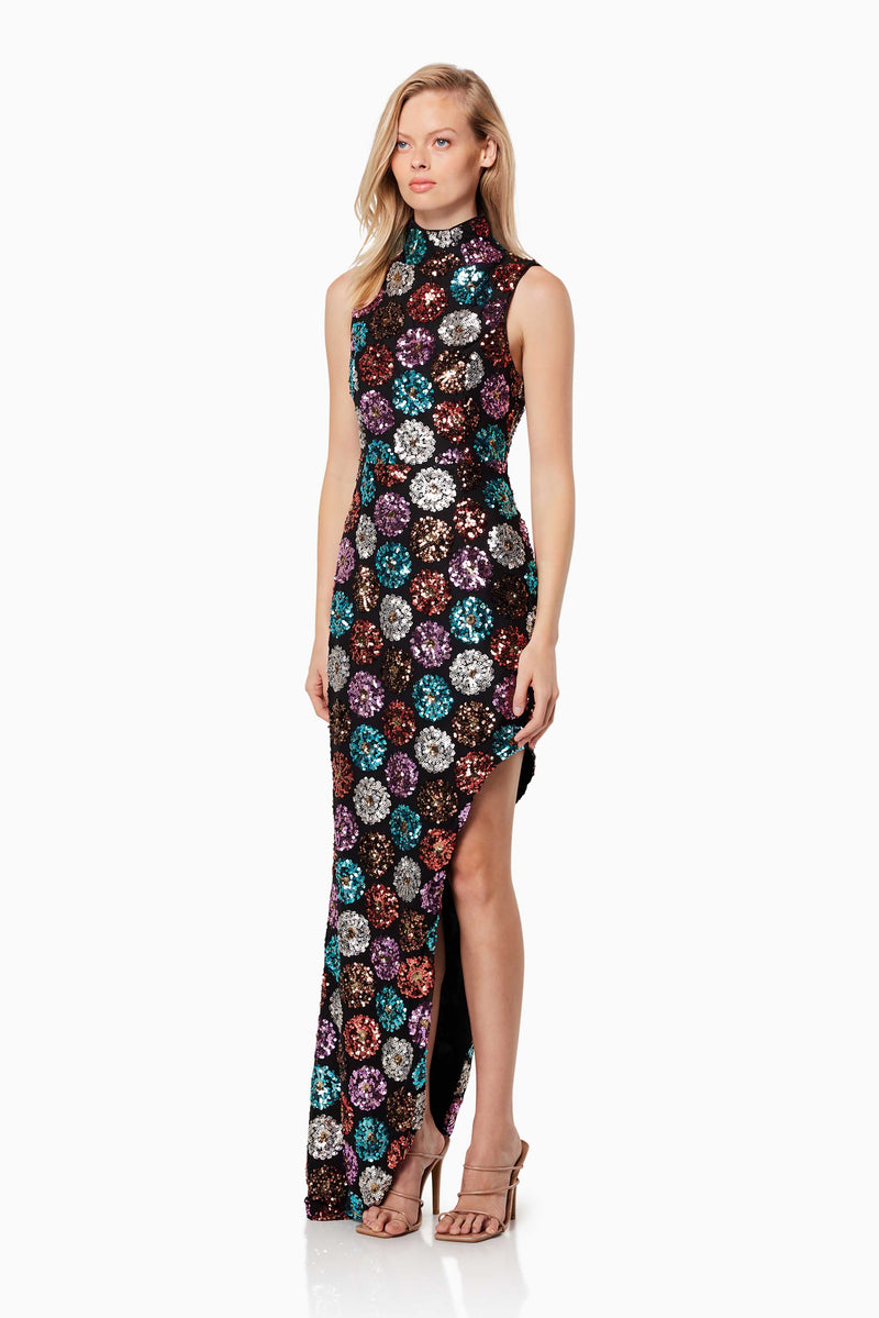 WHOLENESS FITTED MAXI GOWN IN MULTI