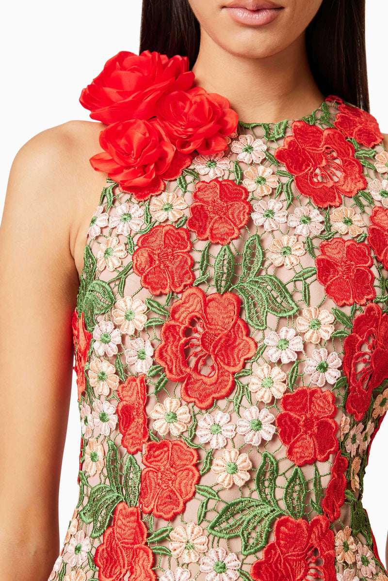 Brunette model wearing Roselyn Embroidered Mini Dress In Red detail shot