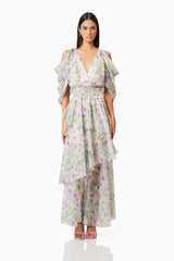 Brunette model wearing Mirabelle Draped Sleeve Maxi Dress In Floral front shot