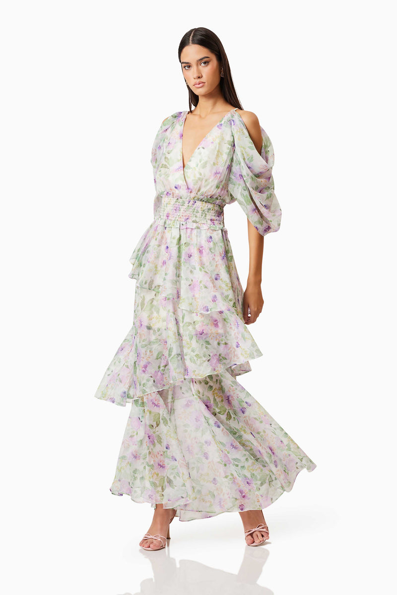 Brunette model wearing Mirabelle Draped Sleeve Maxi Dress In Floral posed shot