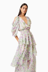 Brunette model wearing Mirabelle Draped Sleeve Maxi Dress In Floral close up shot