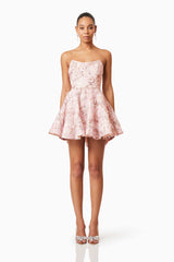 Brunette model wearing Regina Strapless Mini Dress in Pink front shot