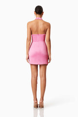 Brunette model wearing Myra Mini Halter Dress in Pink back shot