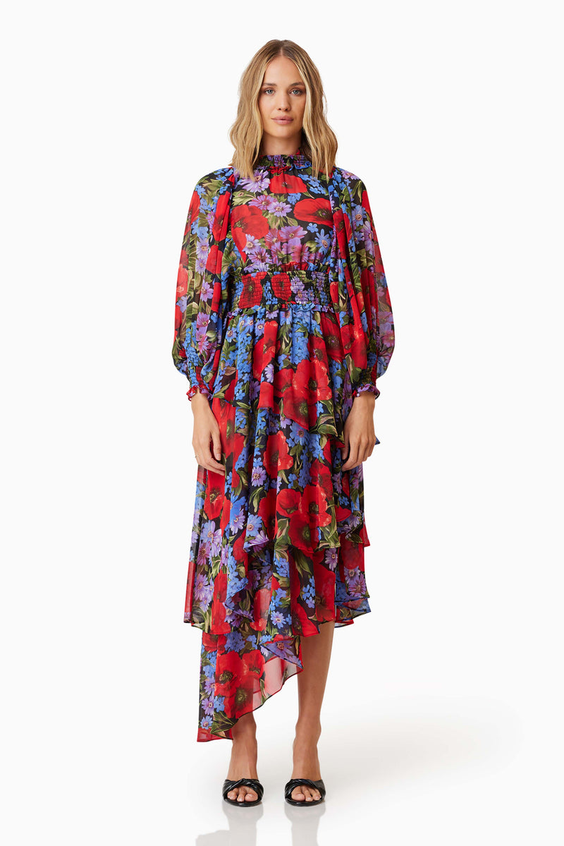 Thea Long Sleeve Floral Midi Dress in Red