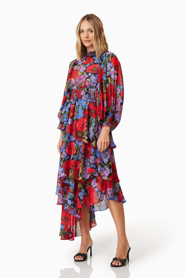 Thea Long Sleeve Floral Midi Dress in Red