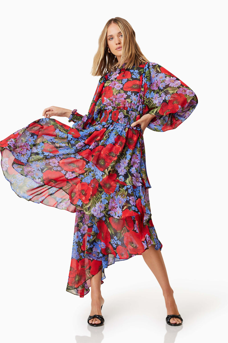 Thea Long Sleeve Floral Midi Dress in Red