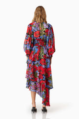 Thea Long Sleeve Floral Midi Dress in Red