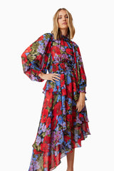 Thea Long Sleeve Floral Midi Dress in Red