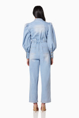 model wearing COUNTRY LONG SLEEVED JUMPSUIT IN BLUE back shot