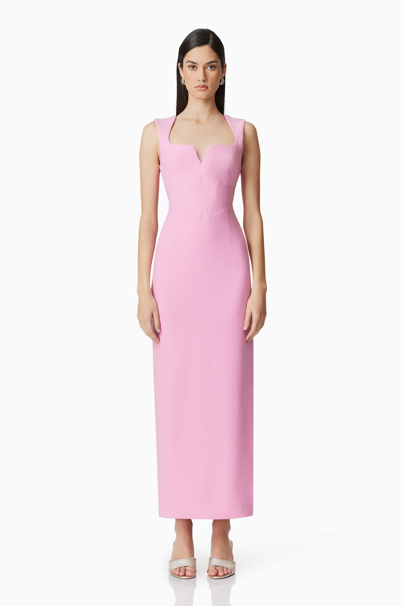 Brunette model wearing Gia Fitted Gown in Pink front shot 