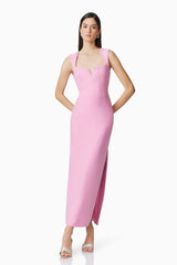 Brunette model wearing Gia Fitted Gown in Pink posed shot 