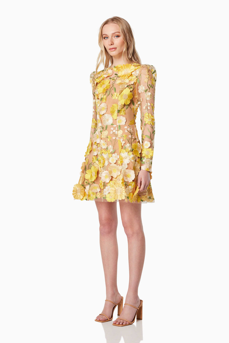 GOLDENVOICE 3D FLORAL MINI DRESS IN YELLOW side shot
