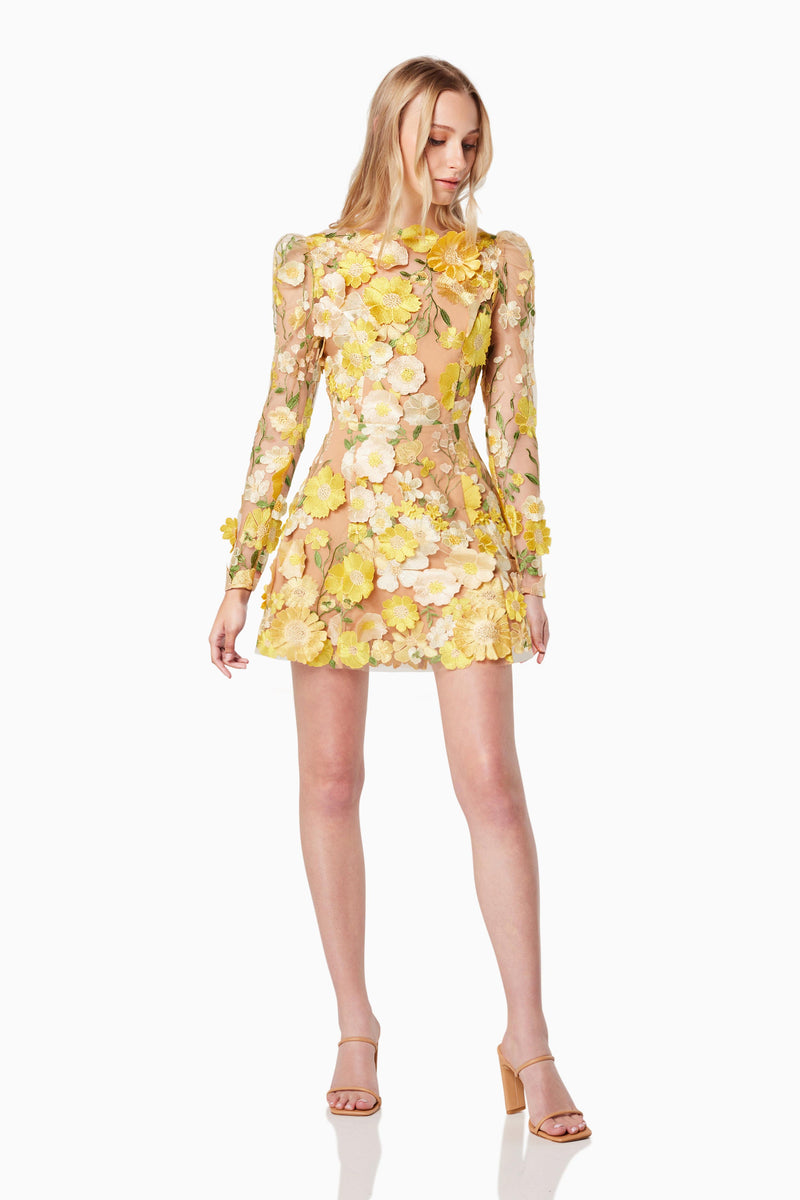 GOLDENVOICE 3D FLORAL MINI DRESS IN YELLOW front shot