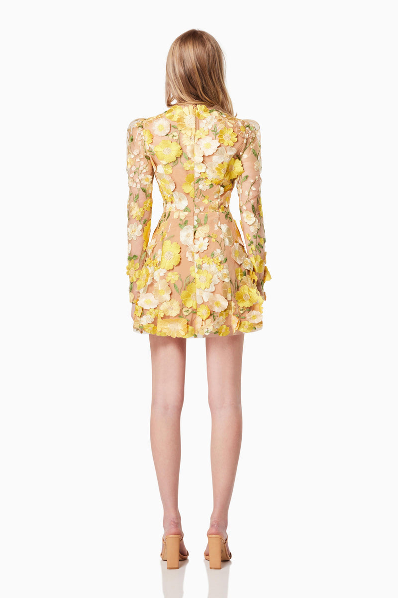 GOLDENVOICE 3D FLORAL MINI DRESS IN YELLOW back shot