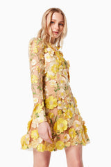 GOLDENVOICE 3D FLORAL MINI DRESS IN YELLOW close up shot