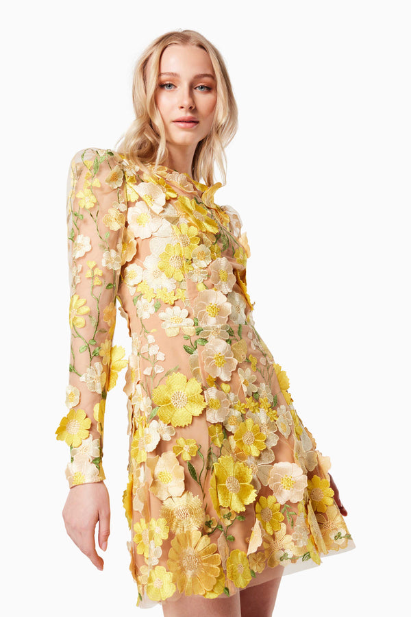 GOLDENVOICE 3D FLORAL MINI DRESS IN YELLOW close up shot