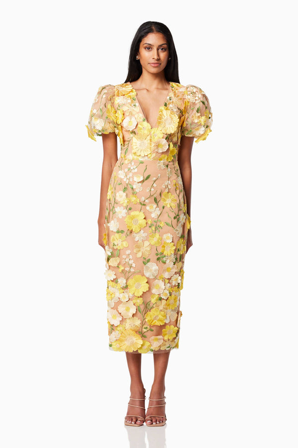 model wearing INDIE 3D FLORAL MIDI DRESS IN YELLOW front shot