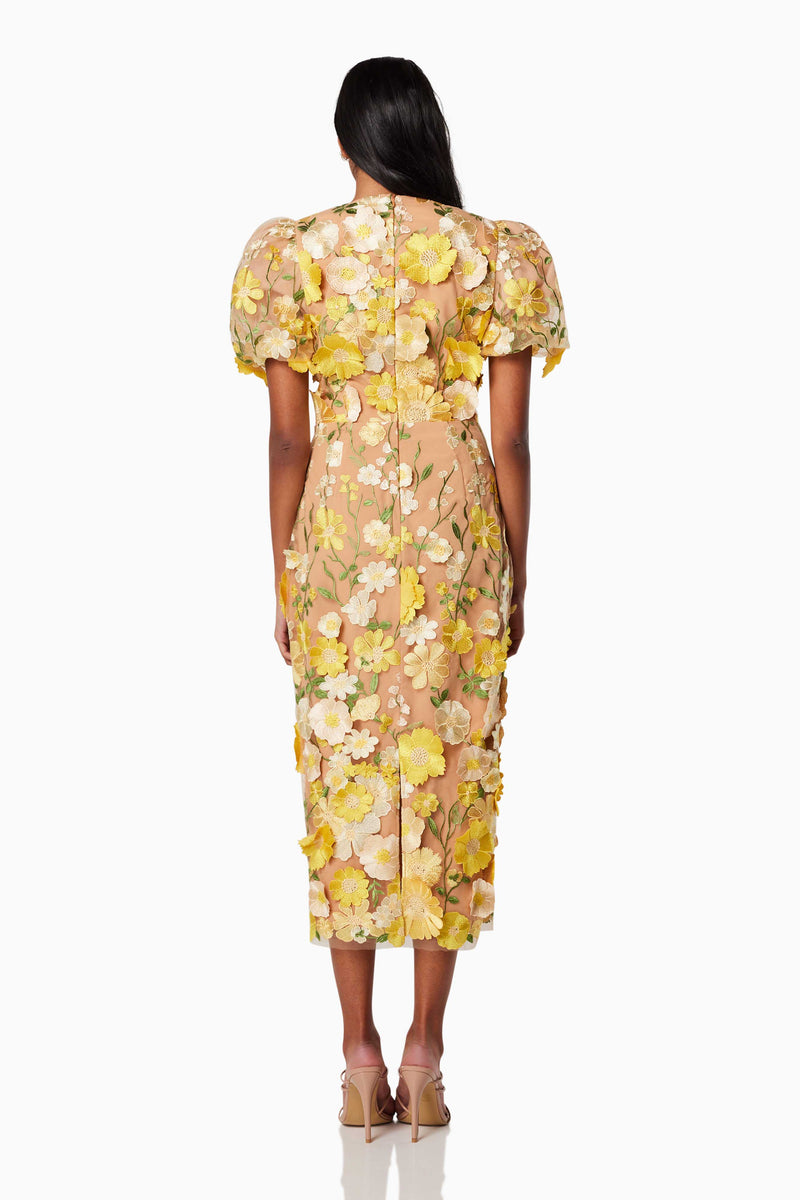model wearing INDIE 3D FLORAL MIDI DRESS IN YELLOW back shot