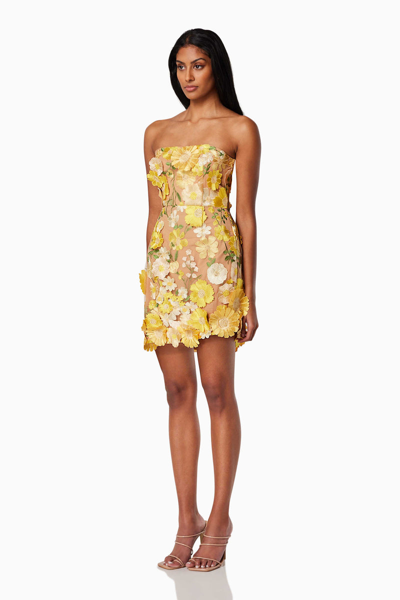model wearing  NEW-AGE 3D FLORAL MINI DRESS IN YELLOW side shot