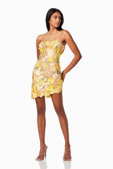 model wearing  NEW-AGE 3D FLORAL MINI DRESS IN YELLOW front shot