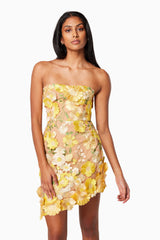 model wearing  NEW-AGE 3D FLORAL MINI DRESS IN YELLOW close up shot