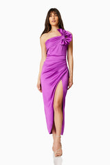 Brunette model wearing FLORETTA MIDI COCKTAIL DRESS in PURPLE front shot