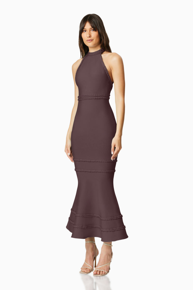 Brunette model wearing RENEWAL HALTER MAXI DRESS in BROWN side shot