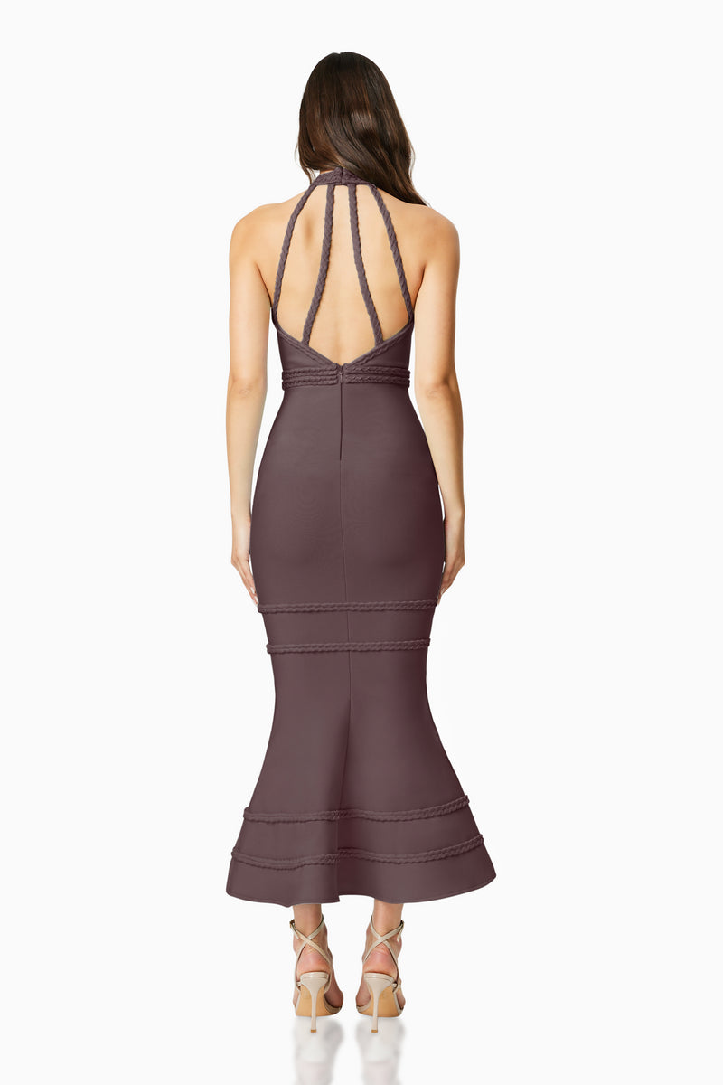 Brunette model wearing RENEWAL HALTER MAXI DRESS in BROWN back shot