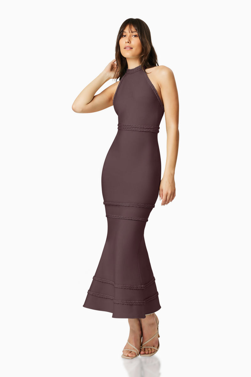 Brunette model wearing RENEWAL HALTER MAXI DRESS in BROWN front shot