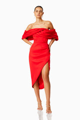 Brunette model wearing MARCH OFF THE SHOULDER MIDI DRESS IN RED front shot