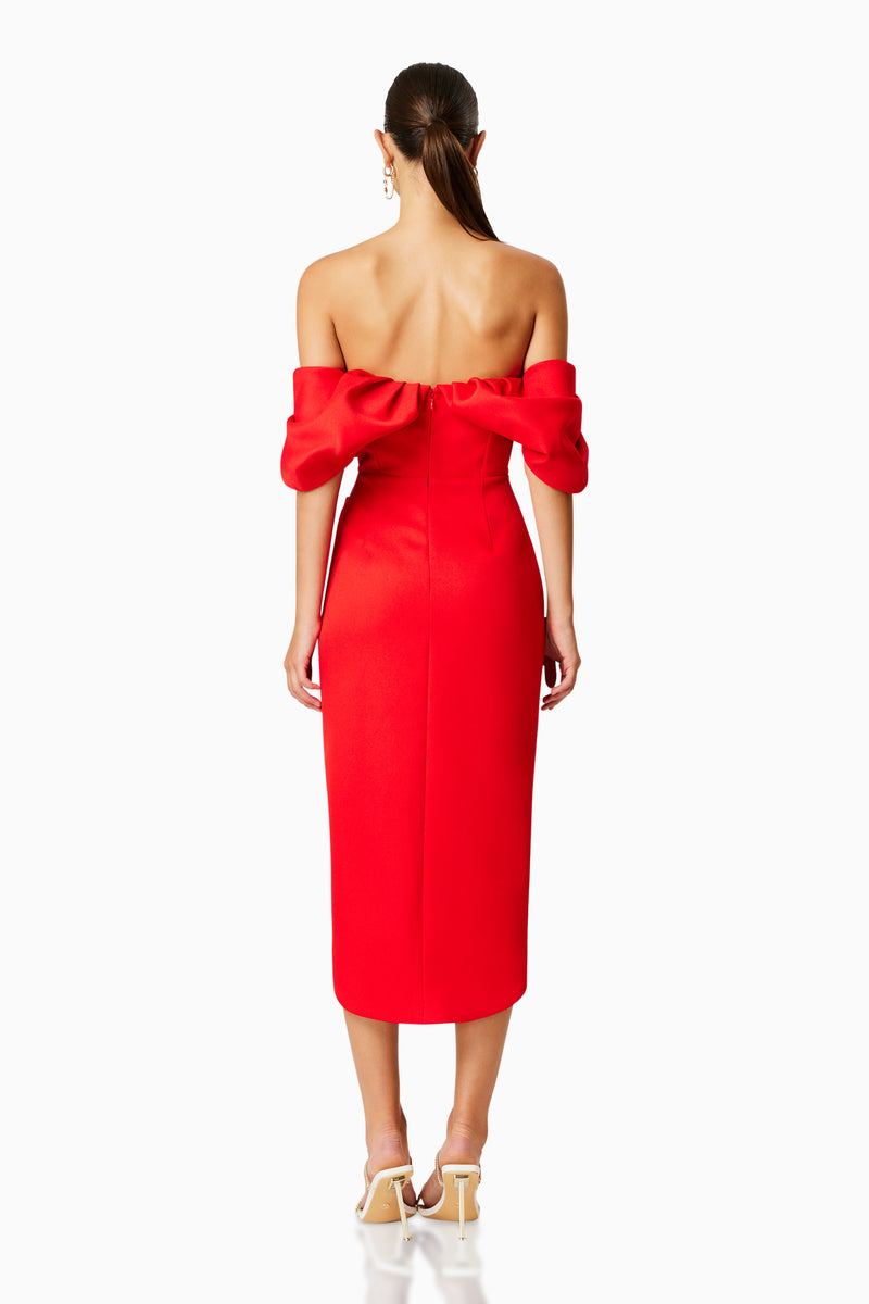 Brunette model wearing MARCH OFF THE SHOULDER MIDI DRESS IN RED back shot