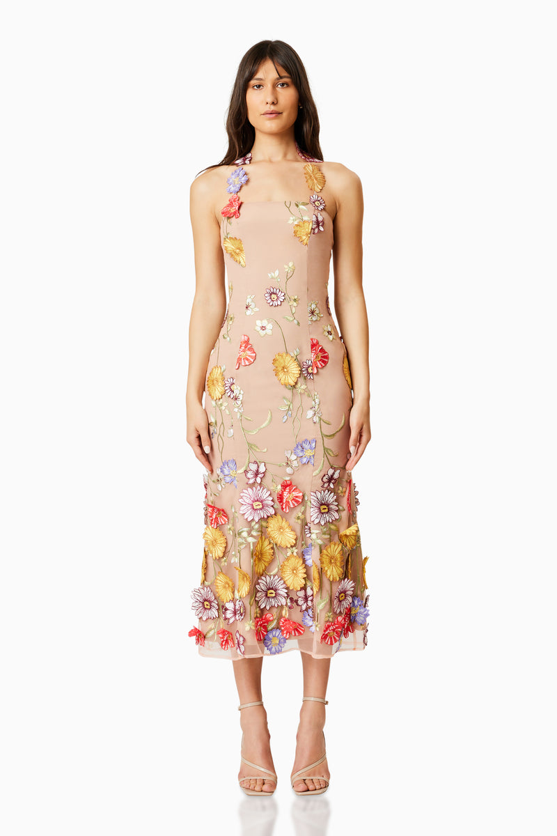 Brunette model wearing LARK FLORAL MIDI DRESS in MULTI front shot