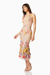 Brunette model wearing LARK FLORAL MIDI DRESS in MULTI front shot