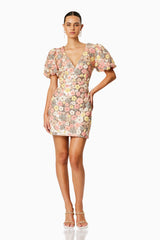 model is wearing GARDEN MINI PUFF SLEEVE DRESS IN MULTI front shot